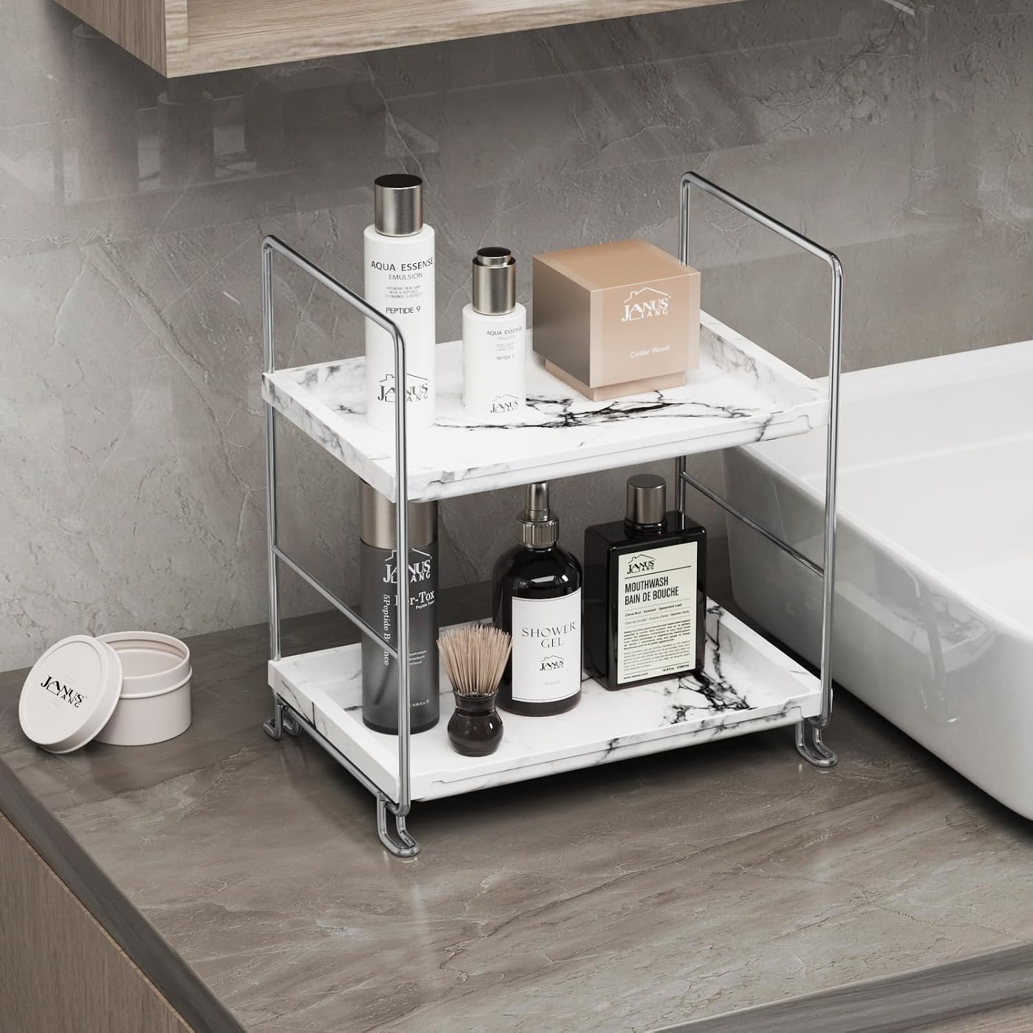2-Tier Bathroom Organizer Countertop Perfume Makeup Shelf Cosmetics Storage Shelf Display Rack Vanity Dresser,Kitchen Spice Rack,Plastics Imitation Marble Design,Tool-Less Install(Sliver)