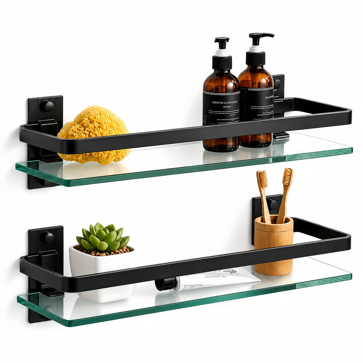 Bathroom Glass Shelf 15.7" Black Wall-Mounted, Floating Metal Storage Rack