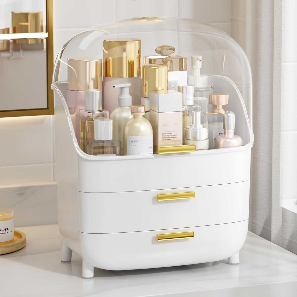 Vtopmart 3-Tier Skincare Makeup Organizer with Drawer and LId, White
