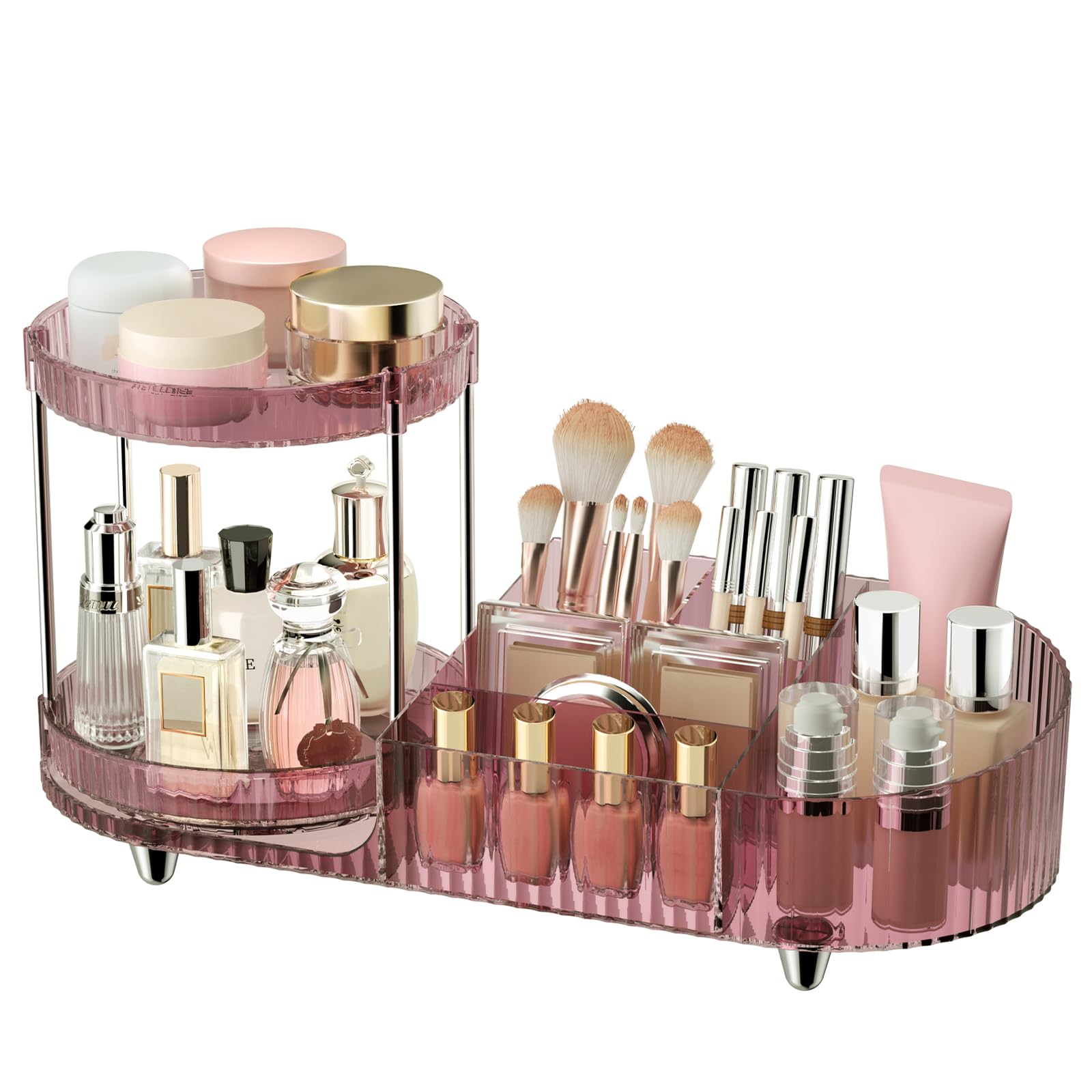 Makeup Organizer Countertop for Vanity, Rotating Perfume Tray with 5-compartment Cosmetic and Skincare Organizers, Multi-Purpose Desk Storage Makeup Brush Holder for Bathroom Bedroom Counter