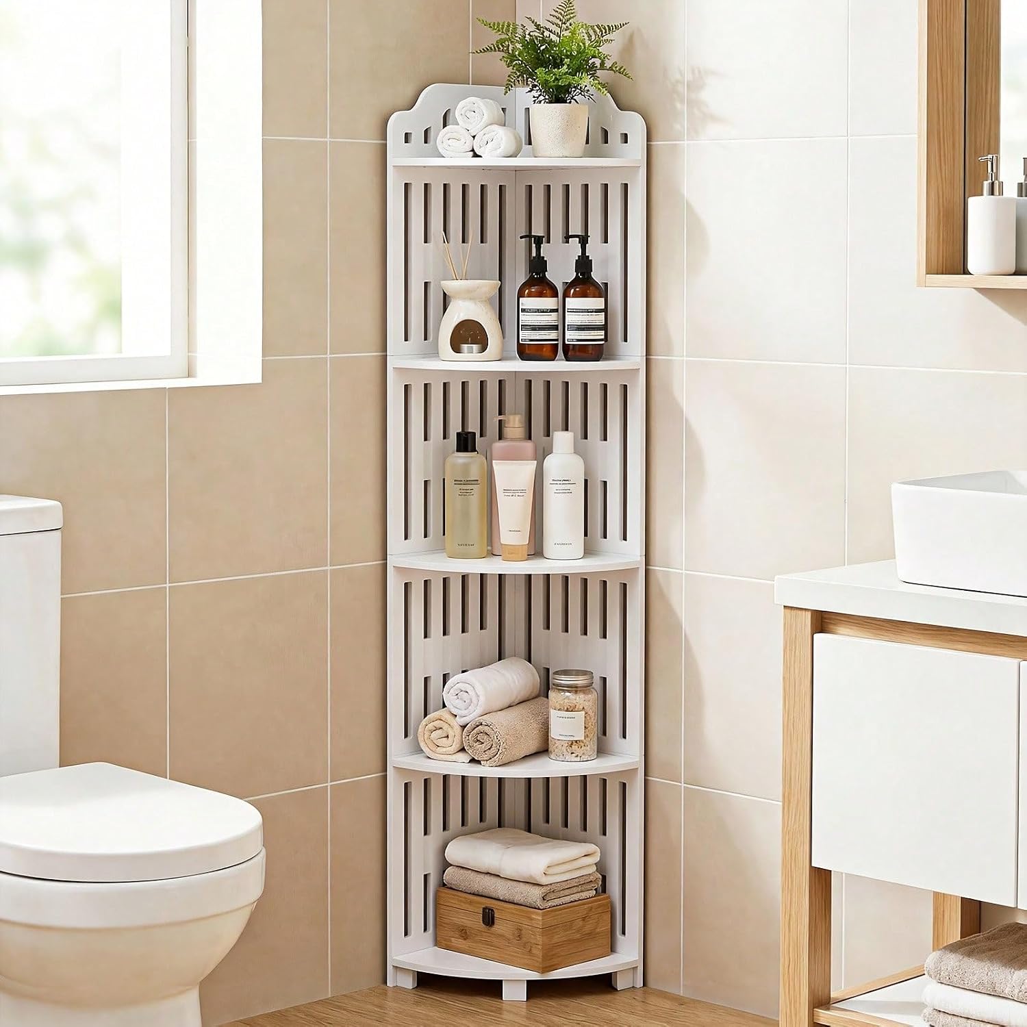 5 Tier Corner Storage Shelf, 43.3 Inch Waterproof PVC Freestanding Organizer with Slotted Panels, Scandinavian Style Triangle Display Rack for Bathroom, Kitchen and Living Room