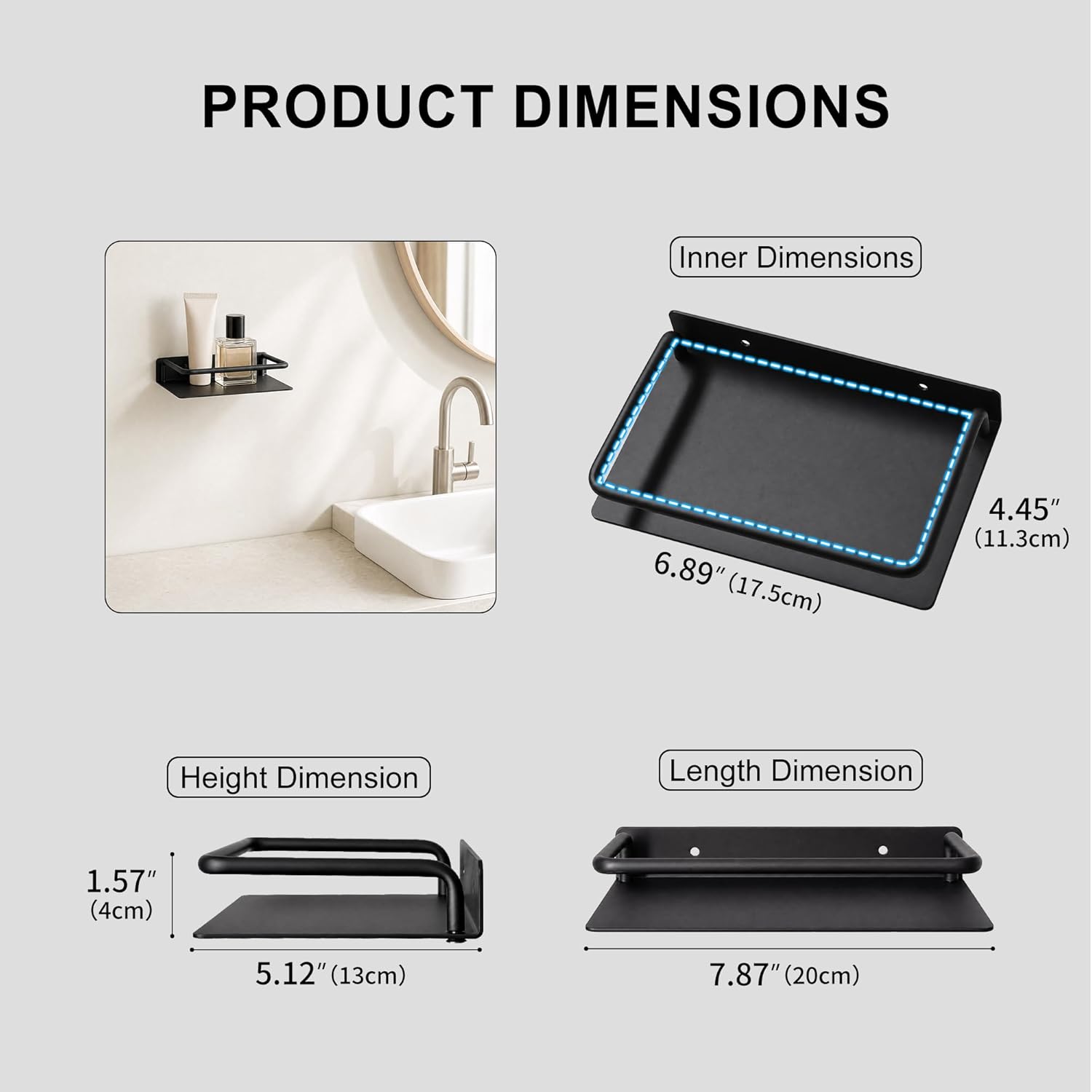 RFOUO 8 Inch Small Metal Wall Shelf with Guard Rail,Black,1 Pack