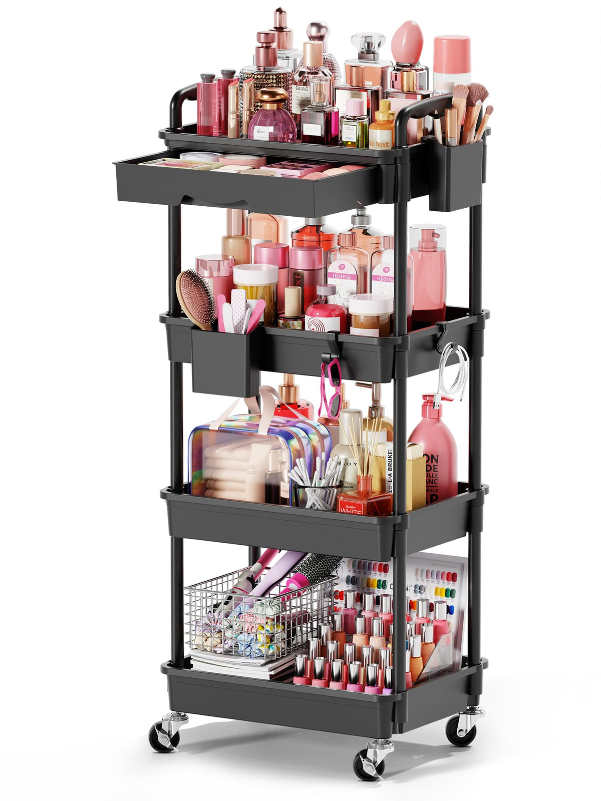 Goovilla Rolling Makeup Organizer Cart with Removable Drawer, 3 Tier Pink