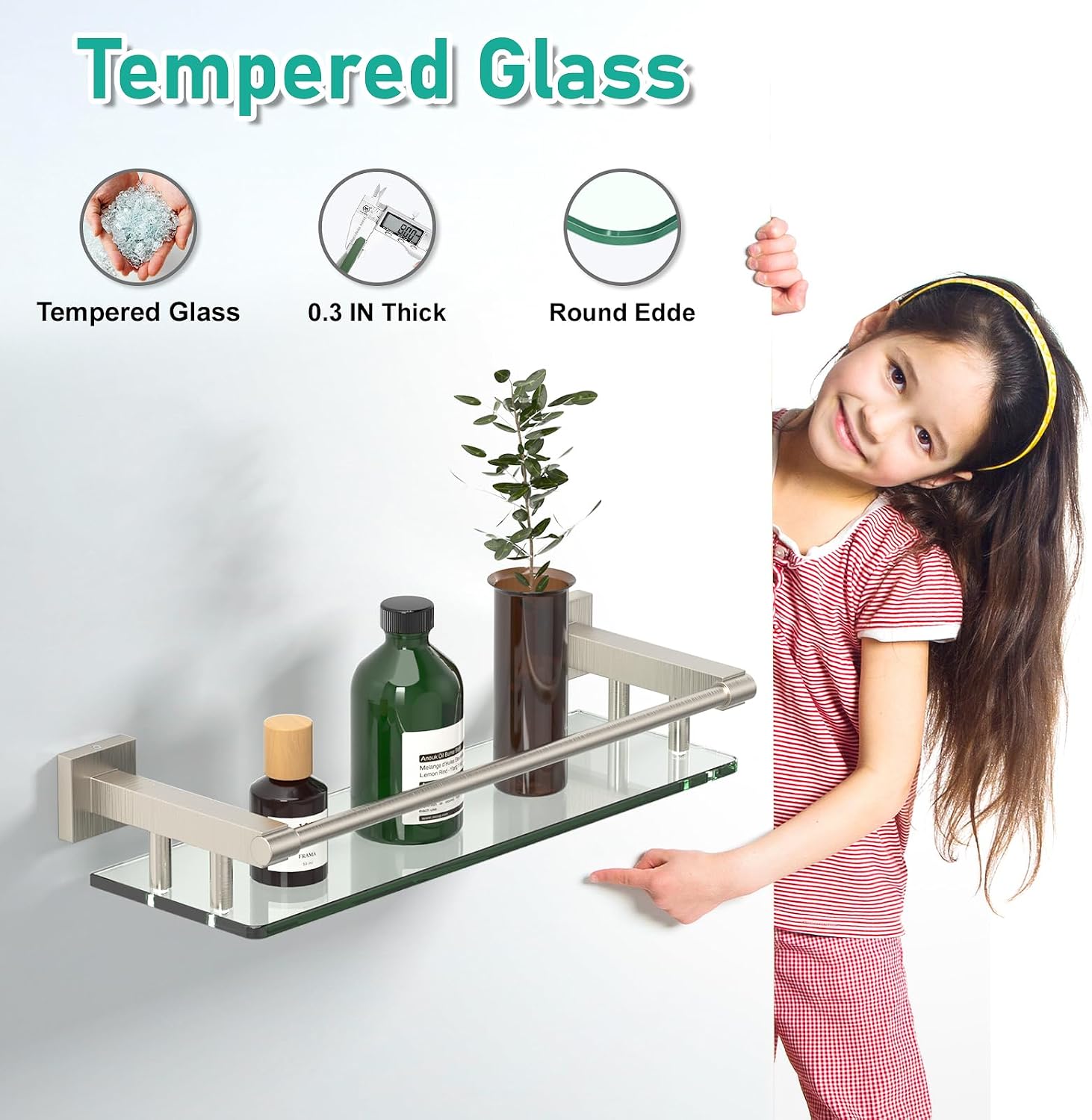 Glass Shelves for Bathroom, 16IN Brushed Nickel Bathroom Shelves for Wall Rectangular Stainless Steel Tempered Glass Modern use for Shelf Sink Over Toilet