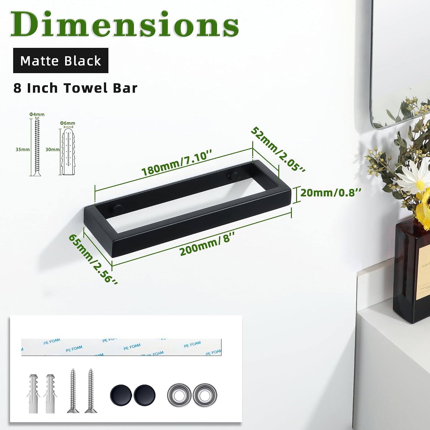 Alise 8 Inch Hand Towel Holder Black Towel Bar for Bathroom Wall Mounted
