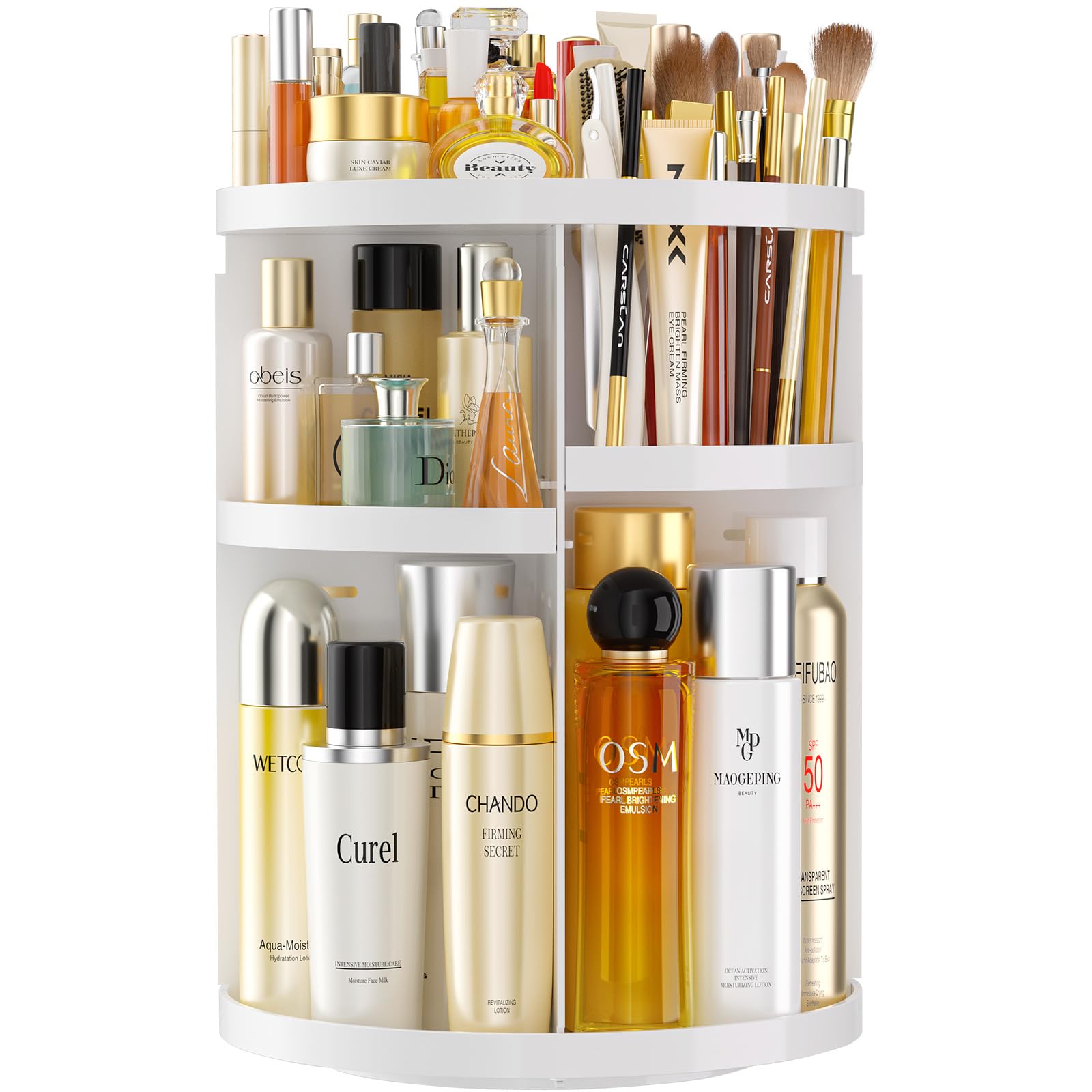 Makeup Organizer 360 rotating, Adjustable Skincare Organizers with Brush Holder, Cosmetics Display Cases for Vanity Bathroom Countertop Large Capacity Carousel Make up Caddy Shelf (Black)