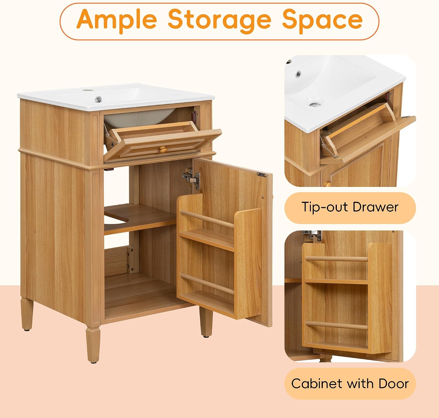 Virubi 20 in Small Bathroom Vanity with Sink, Soft Closing Door,Tilt-Out Drawer and Adjustable Shelf,Solid Wood Frame Modern Single Bathroom Sink Cabinet with Storage, Freestanding, Natural Wood