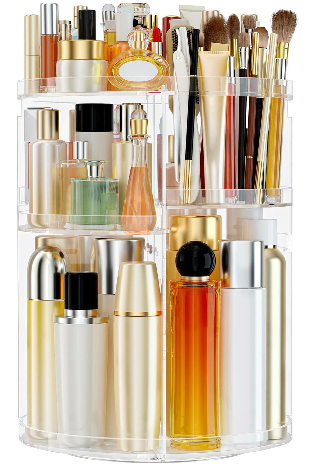 Makeup Organizer 360 rotating, Adjustable Skincare Organizers with Brush Holder, Cosmetics Display Cases for Vanity Bathroom Countertop Large Capacity Carousel Make up Caddy Shelf (Black)