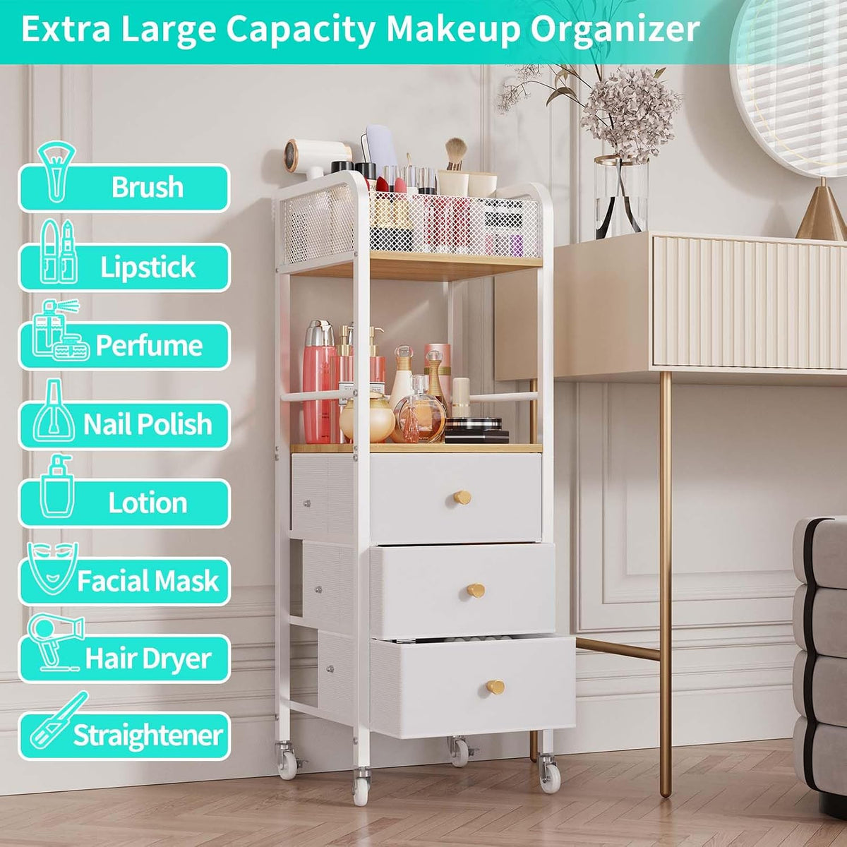 HapiRm Rolling Makeup Cart Organizer - Floor Skincare Make Up Storage with 3 Non-woven Fabric Drawers, Vanity Organizer Cosmetic Display Cases Holder for Skin Care Perfume Nail Polish Brush Hair Tool