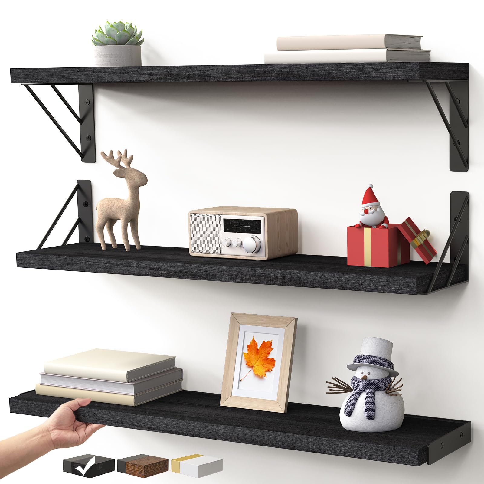 BAYKA Floating Shelves for Wall, Book Shelf for Bedroom, Decor Shelves for Living Room Kitchen, Mounted Wood Floating Shelf for Home Decor, Corner Shelf for Bathroom, Office(Dark Brown,Set of 4)