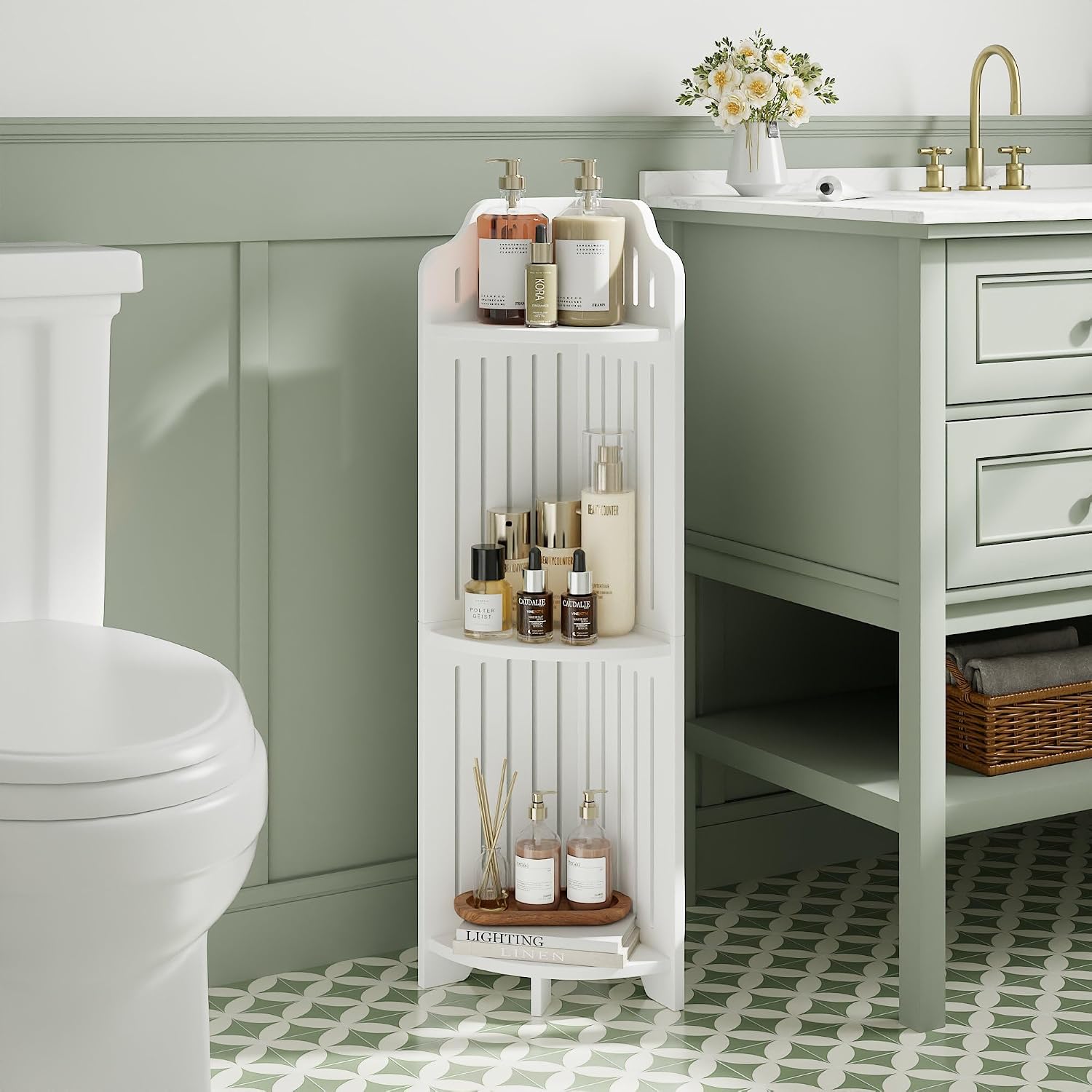 VECELO 3-Tier Bathroom Shelves for Narrow Space, Modern Corner Shelf Stand,Small Storage Organizer for Bathroom,Toilet Paper Stand,White