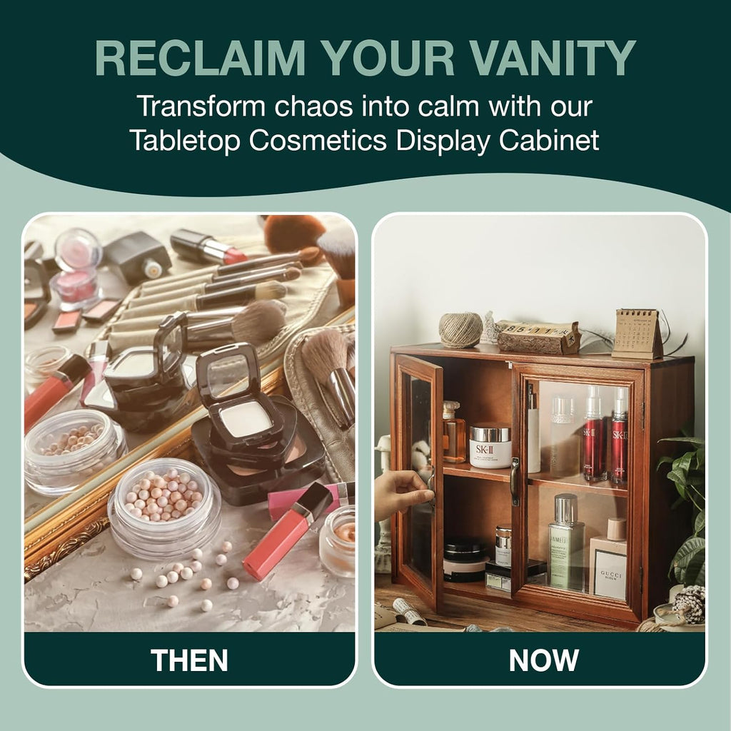 Cosmetics Display Cabinet with Clear Doors - 2-Level Wooden Tabletop Shelf Storage for Makeup, Perfumes, Skincare - Mahogany Wood Vanity Shelf Display Case - Mini Kitchen Cupboard