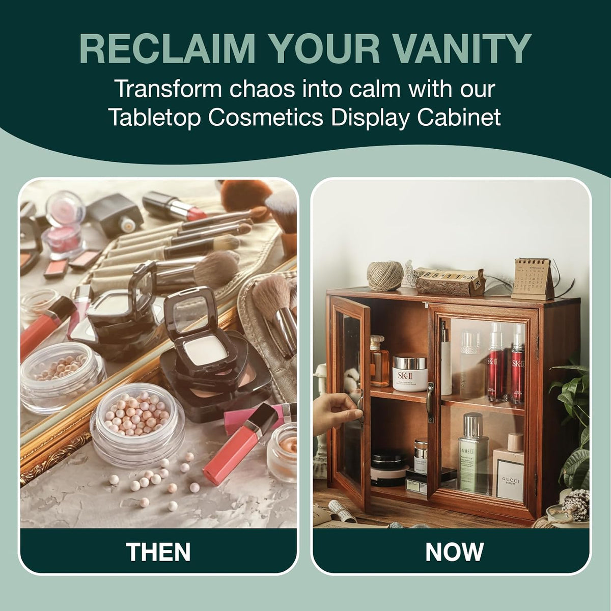 Cosmetics Display Cabinet with Clear Doors - 2-Level Wooden Tabletop Shelf Storage for Makeup, Perfumes, Skincare - Mahogany Wood Vanity Shelf Display Case - Mini Kitchen Cupboard