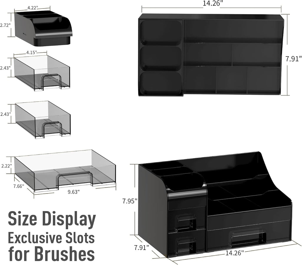 Extra Large Makeup Organizer for Vanity,Countertop Organizer with Drawers and Brush Holder,Men’s Cologne Organizer for Bathroom,Cosmetic Skin Storage for Lipsticks,Nail Polish & Shaving Lotion,Black