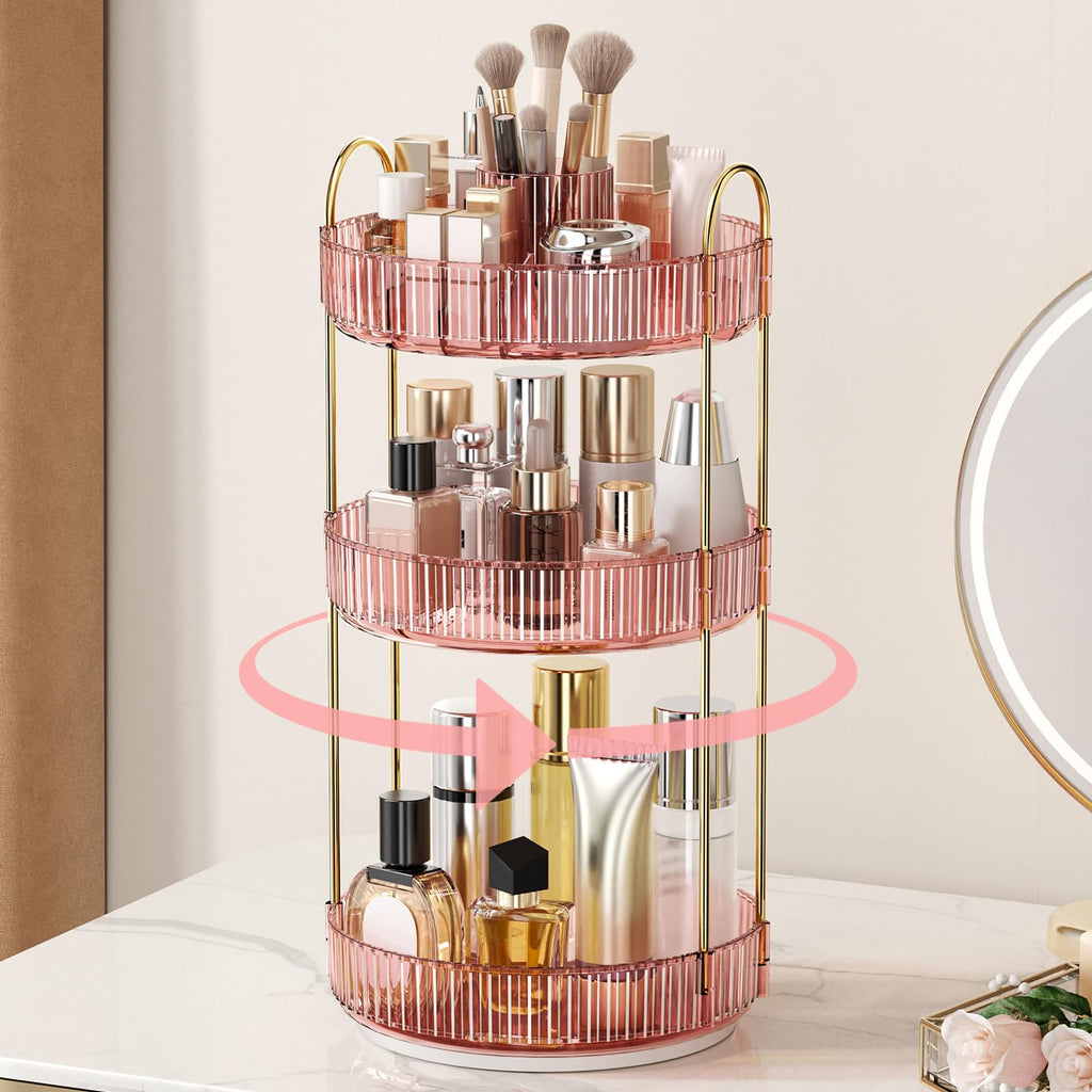 360° Rotating Makeup Organizer, Upgraded 3 Tier Skincare Perfume Organizers for Women, Bathroom Organizer Countertop, Clear Cosmetic Dresser Organizer with Makeup Brush Holder, Sink&Counter(Amber)