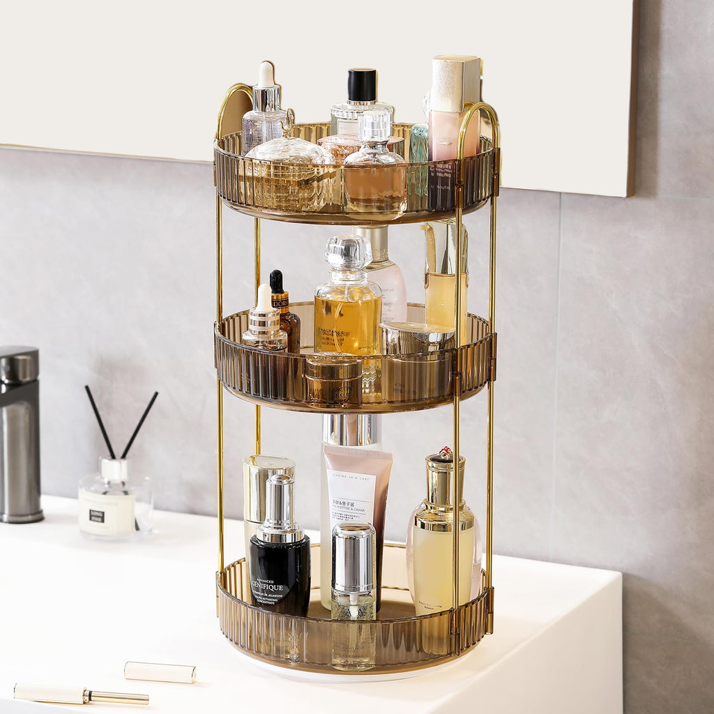 Aveniee 3-Tier 360° Rotating Makeup Organizer, Clear Spinning Perfume Cosmetic Storage for Vanity Countertop, Sturdy Metal Pole Skincare Holder Stand for Bathroom Dresser, White