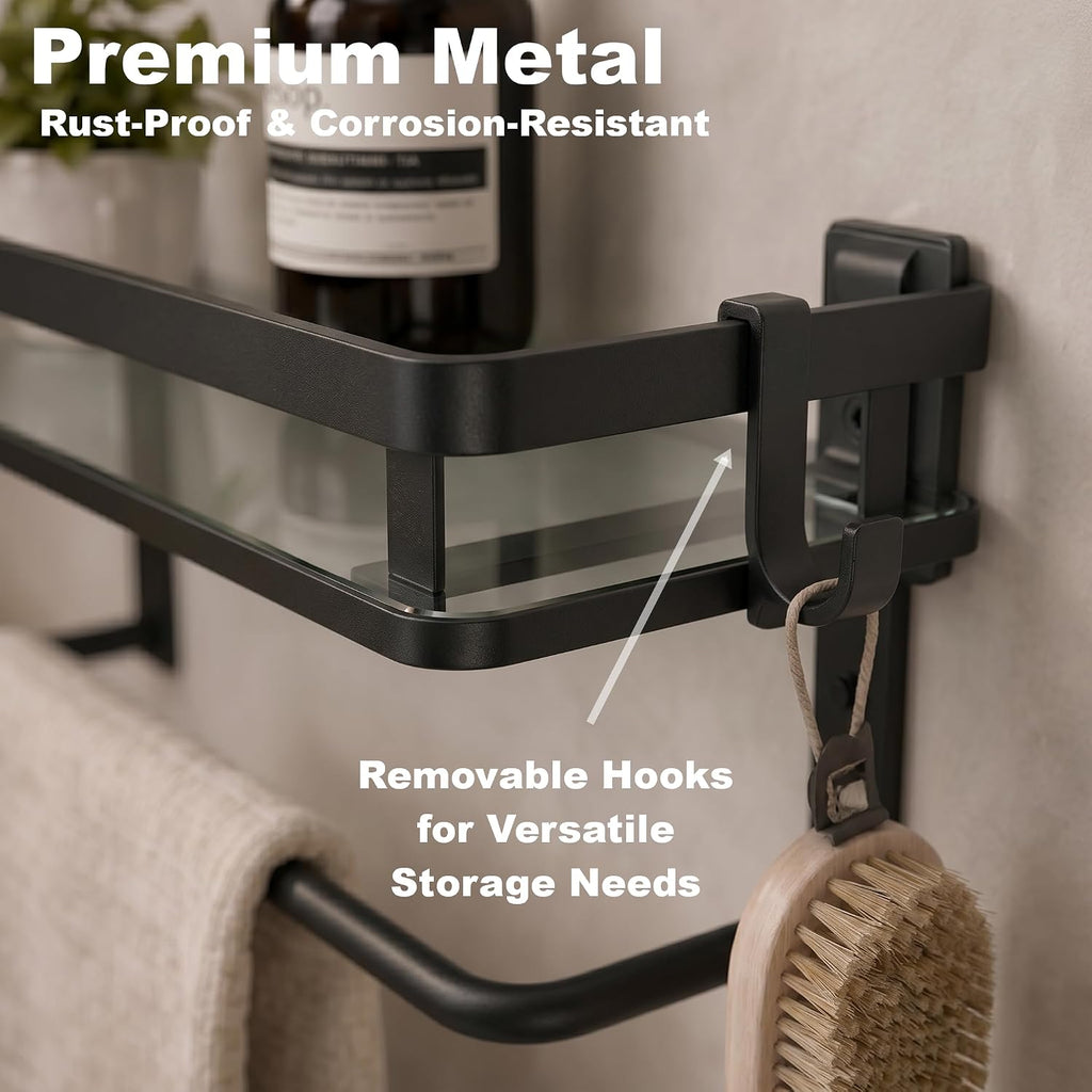 VOLPONE Glass Shelf for Bathroom 15.7 in Black Bathroom Shelves Wall Mounted Tempered Glass Shelving with 4 Removable Hooks (2 Tier)