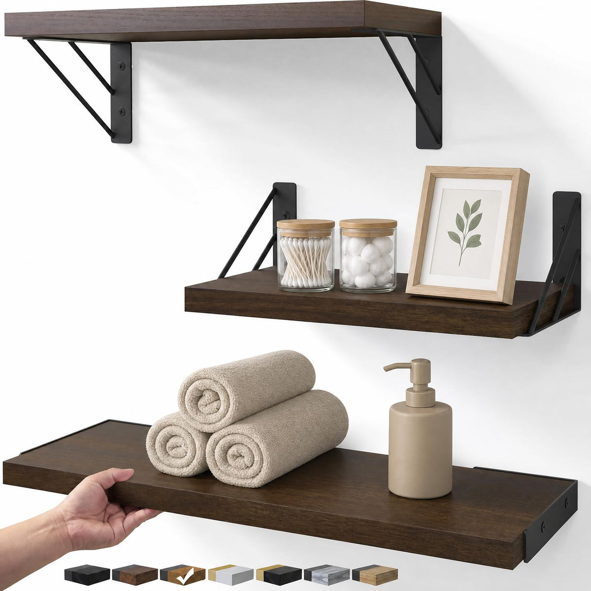 BAYKA Wall Mounted Floating Shelves, Wood Floating Wall Shelf for Books & Decor, Small Space-Saving Display & Organizer（Black，Set of 4）