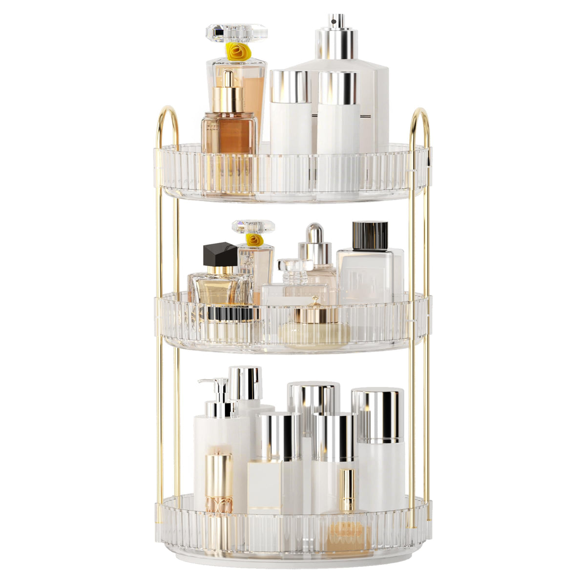 YCIA&DONE 360 Rotating Makeup Organizer and Storage for Vanity Countertop 3 Tiers, High Capacity Cosmetic Skincare Perfume Organizers for Dresser Bathroom Lazy Susan (Smoky Gray)