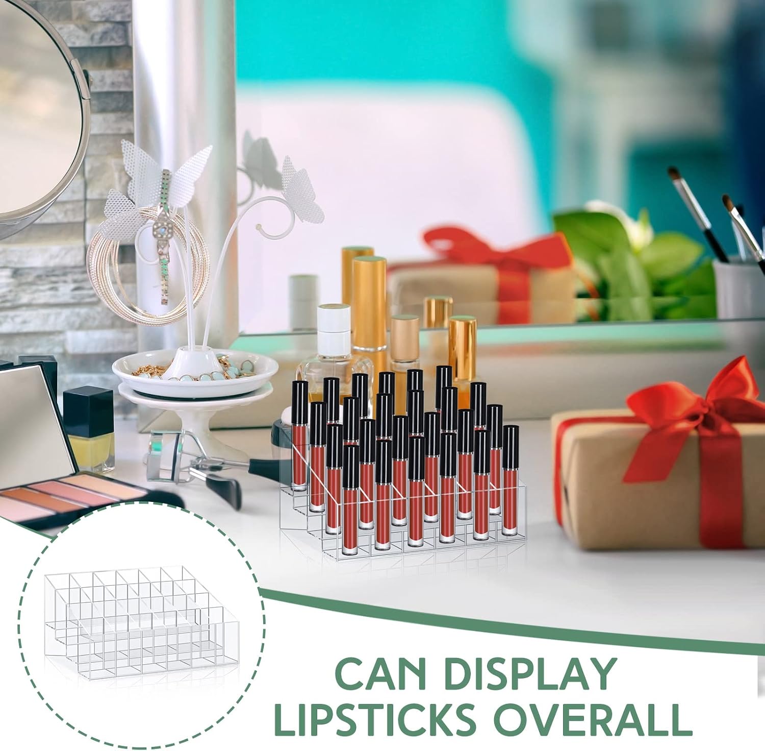 Macarrie 4 Pieces Lipstick Holder Organizer 24 Slot Acrylic Lipstick Makeup Case Display Stand Storage Box for Rollerball Perfume Organizer Watercolor Paint Sticks
