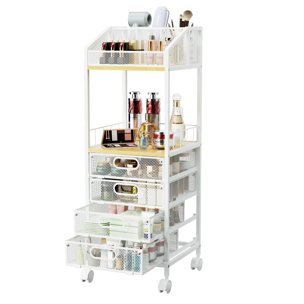 HapiRm Rolling Cart Makeup Organizer - Metal Makeup Cart with Wheels and Drawers for Small Spaces & Messy Vanities, Space-Saving Beauty Cosmetics Cart Storage Cabinet Stand for Perfume Hair Tools