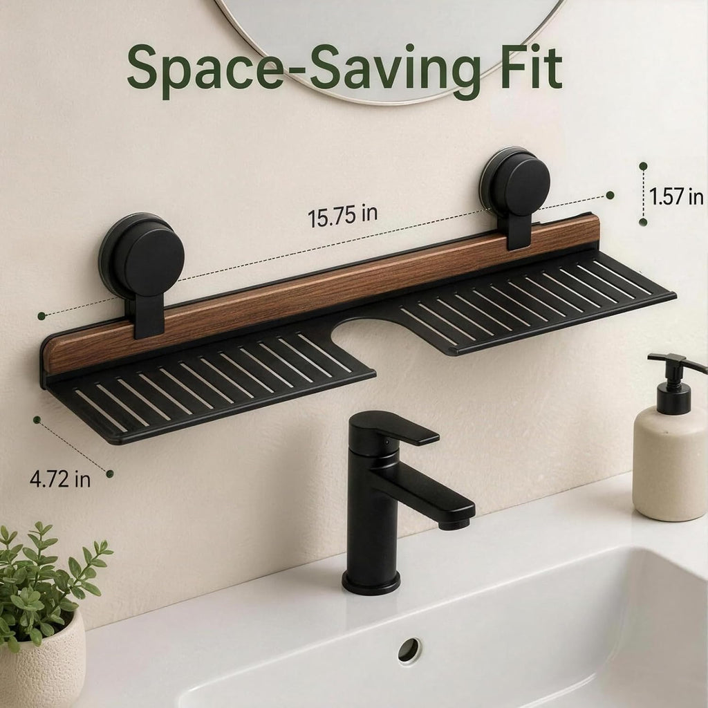 Suction Mount Over Sink Bathroom Shelf Wood Metal Storage Tray