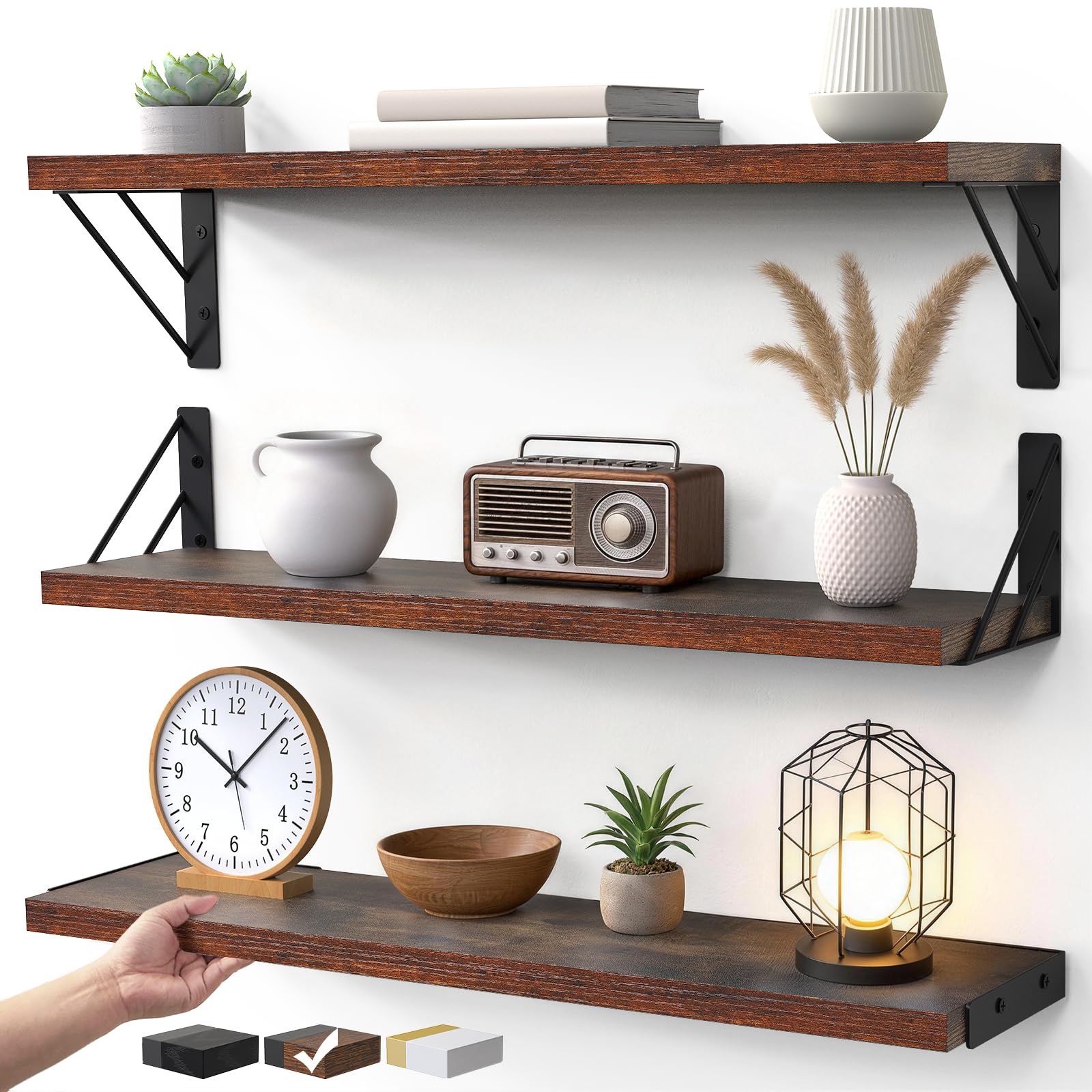BAYKA Floating Shelves for Wall, Book Shelf for Bedroom, Decor Shelves for Living Room Kitchen, Mounted Wood Floating Shelf for Home Decor, Corner Shelf for Bathroom, Office(Dark Brown,Set of 4)