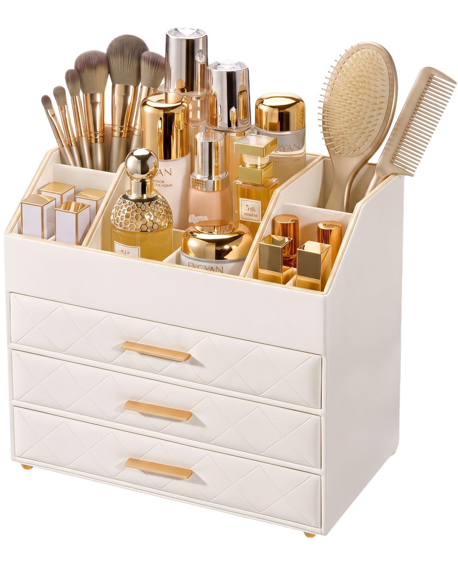Lolalet 3-Layer PU Leather Makeup Organizer for Cosmetic Vanity -Beige