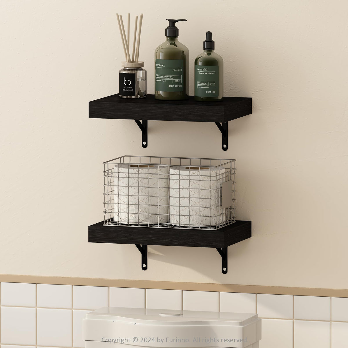 Furinno Tanna Floating Shelves for Wall Set of 2, 15-Inch Bathroom Wall Shelf, Wall Mounted Shelf, for Bathroom Organizers and Storage, Living Room, White Texture