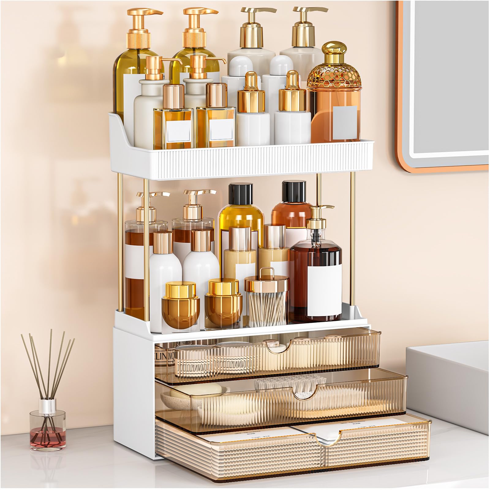 caktraie 3-Drawer 2-Tier Acrylic Makeup & Bathroom Vanity Organizer