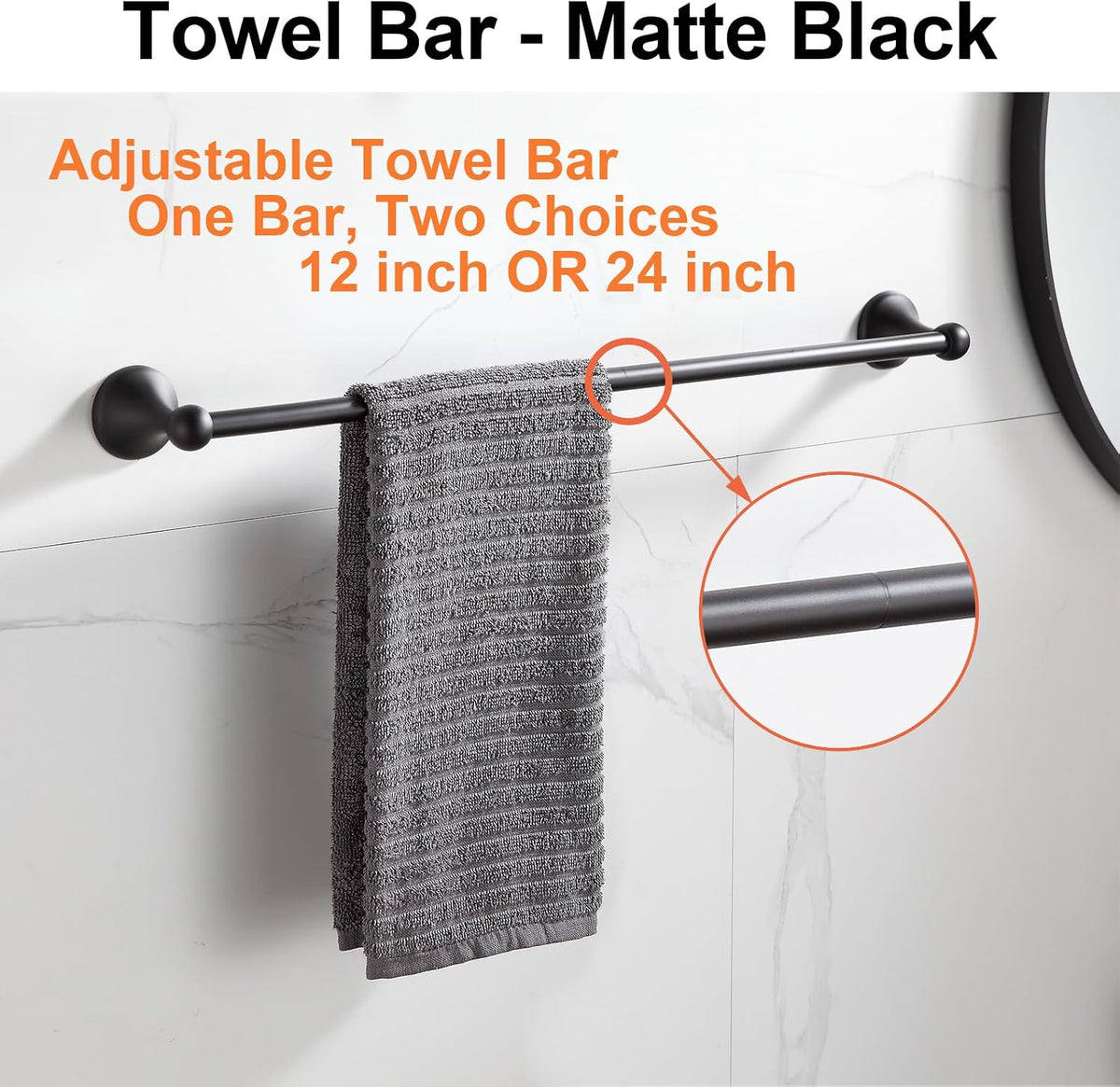 BGL Bathroom Accessory Set, Matte Black Adjustable Expandable Towel Bar 4-Piece Bathroom Hardware Set Wall Mounted Robe Hook Toilet Paper Holder Towel Ring Towel Bar