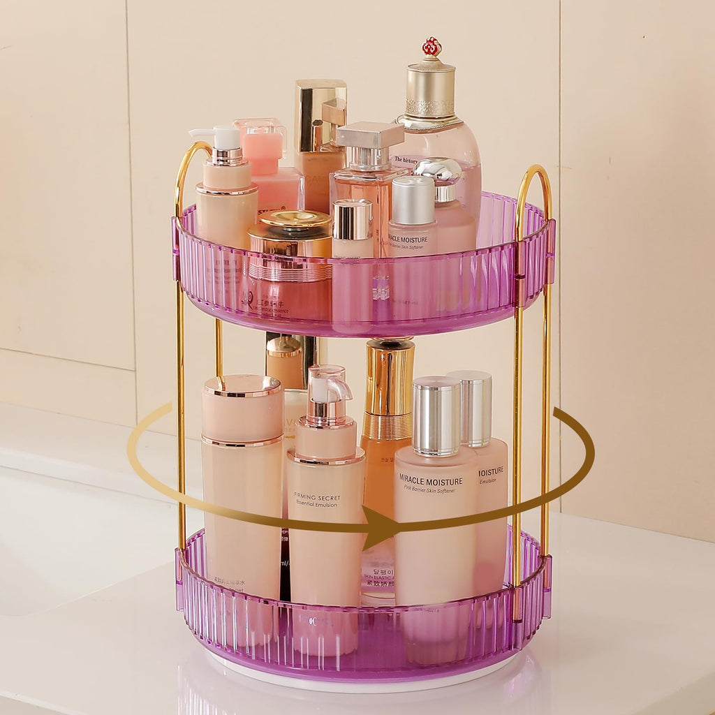 Aveniee 3-Tier 360° Rotating Makeup Organizer, Clear Spinning Perfume Cosmetic Storage for Vanity Countertop, Sturdy Metal Pole Skincare Holder Stand for Bathroom Dresser, White