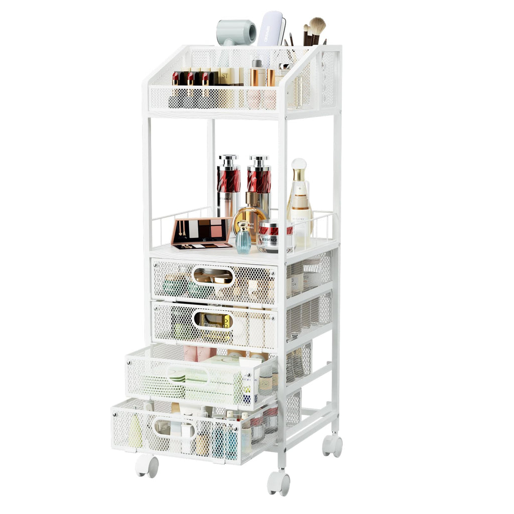 HapiRm Rolling Cart Makeup Organizer - Metal Makeup Cart with Wheels and Drawers for Small Spaces & Messy Vanities, Space-Saving Beauty Cosmetics Cart Storage Cabinet Stand for Perfume Hair Tools