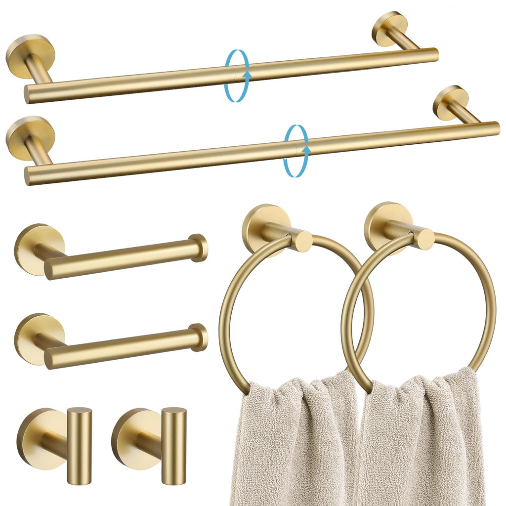 TURS Brushed Gold 5 Piece Bathroom Hardware Set, SUS304 Stainless Steel 24 Inch Bath Towel Bar Set, Round Bathroom Accessories Kit Wall Mounted