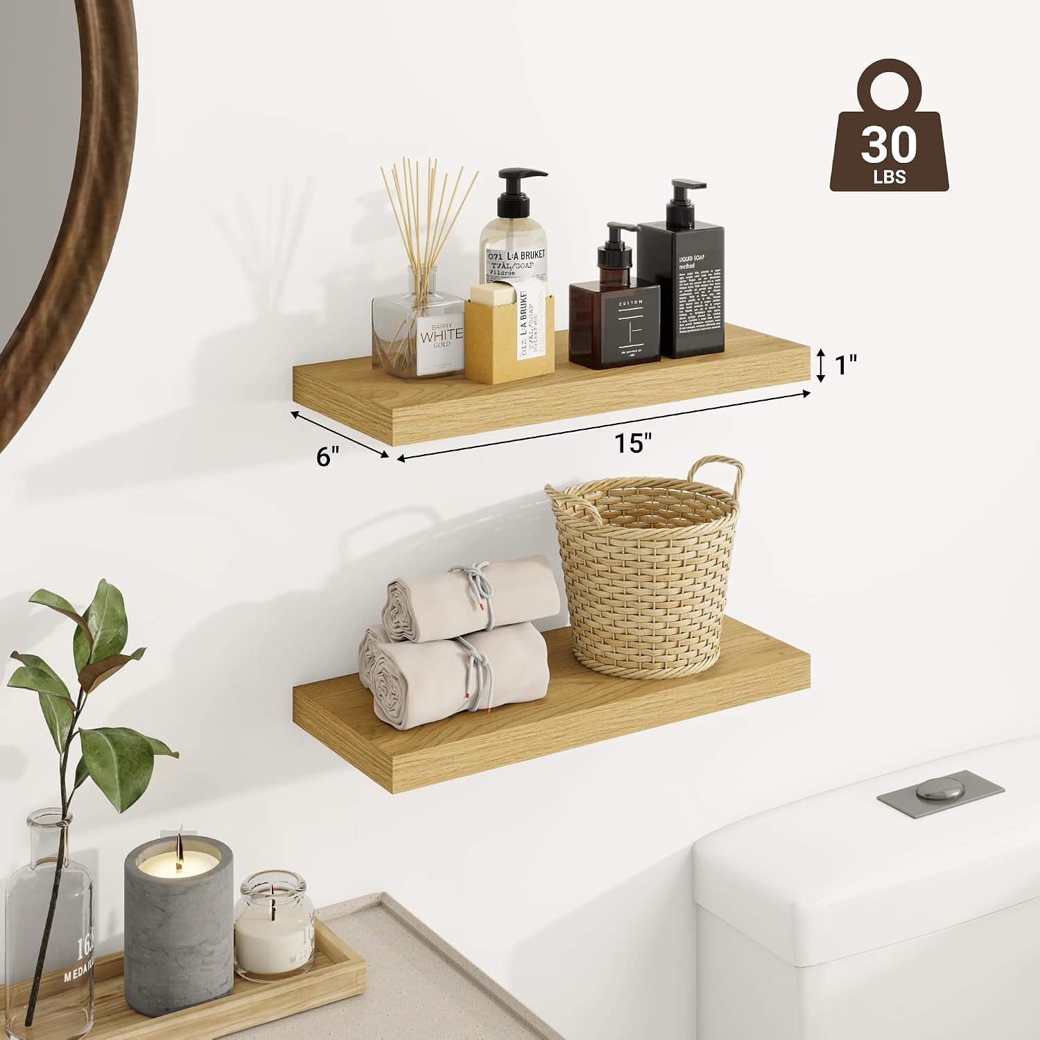 Venusmiles Bathroom Floating Shelves for Wall, 15" Wall Mounted Shelves with Invisible Brackets, 4 Small Wood Floating Wall Shelf Shelves for Living Room, Bedroom, Kitchen, Bathroom (Oak)