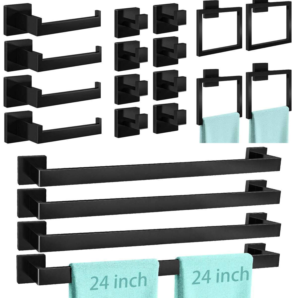 FEILERN 20-Piece Matte Black Bathroom Hardware Set, 24 Inch Towel Bar Set