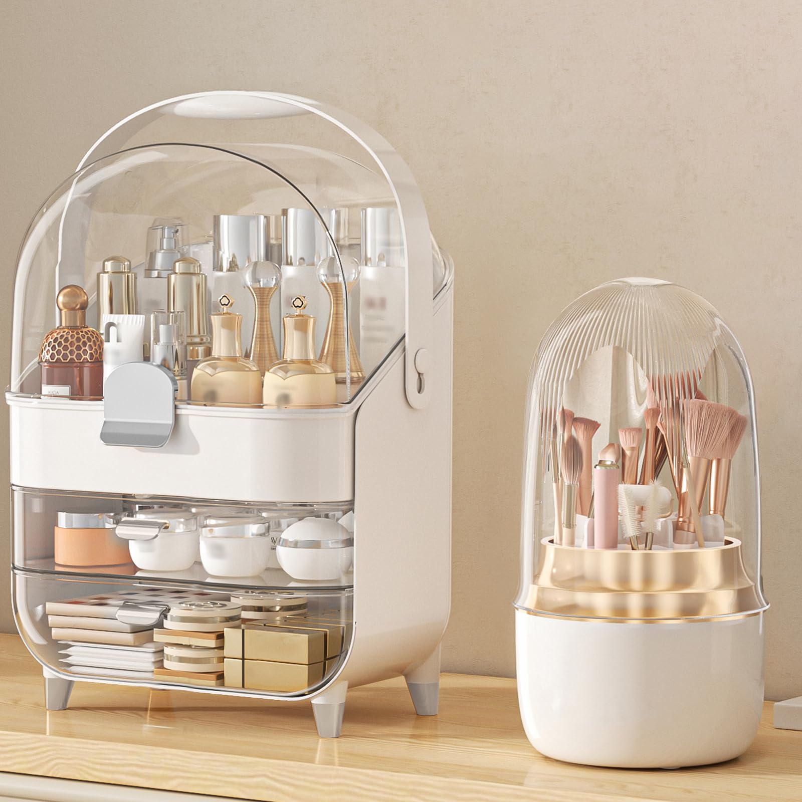Makeup Organizer Countertop, Skincare Holder Bathroom Counter Organizer, Storage Box Cosmetic Display Cases, Teen Girl Gifts Make up Organizers (Pink/Brush)
