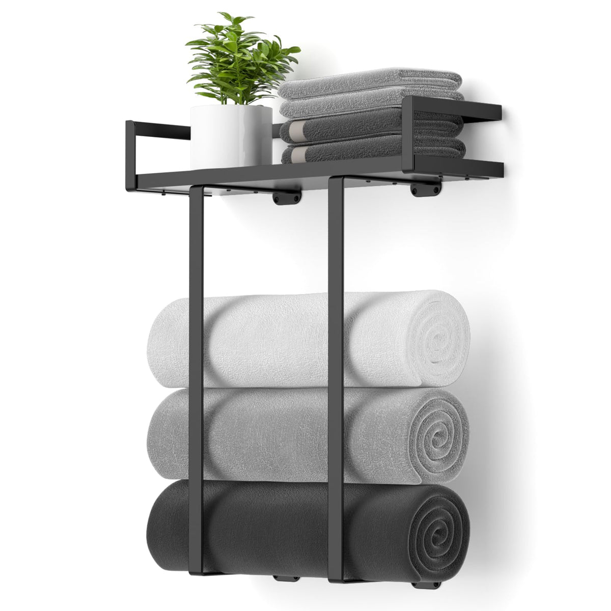 Xstydes Towel Racks for Bathroom Wall Mounted, Metal Towel Holder with Wooden Shelf for Folding Large Towels, Towel Storage for Small Bathroom Organizer Decor or RV Camping