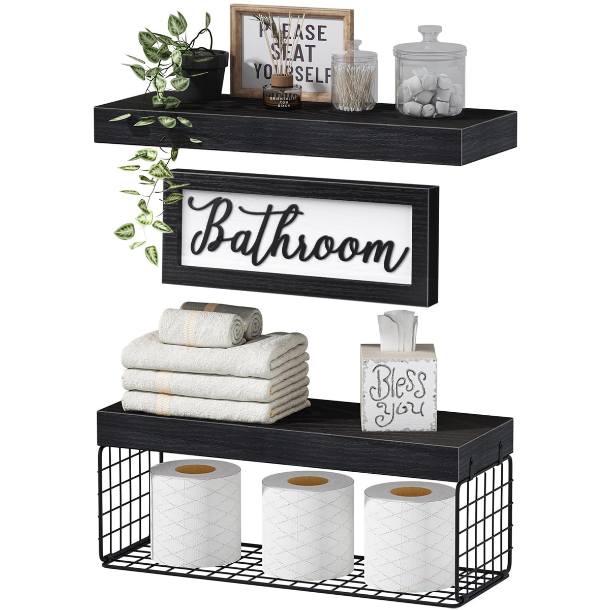 QEEIG ‎Bathroom Shelves with Decor Sign (Black, 15.7")
