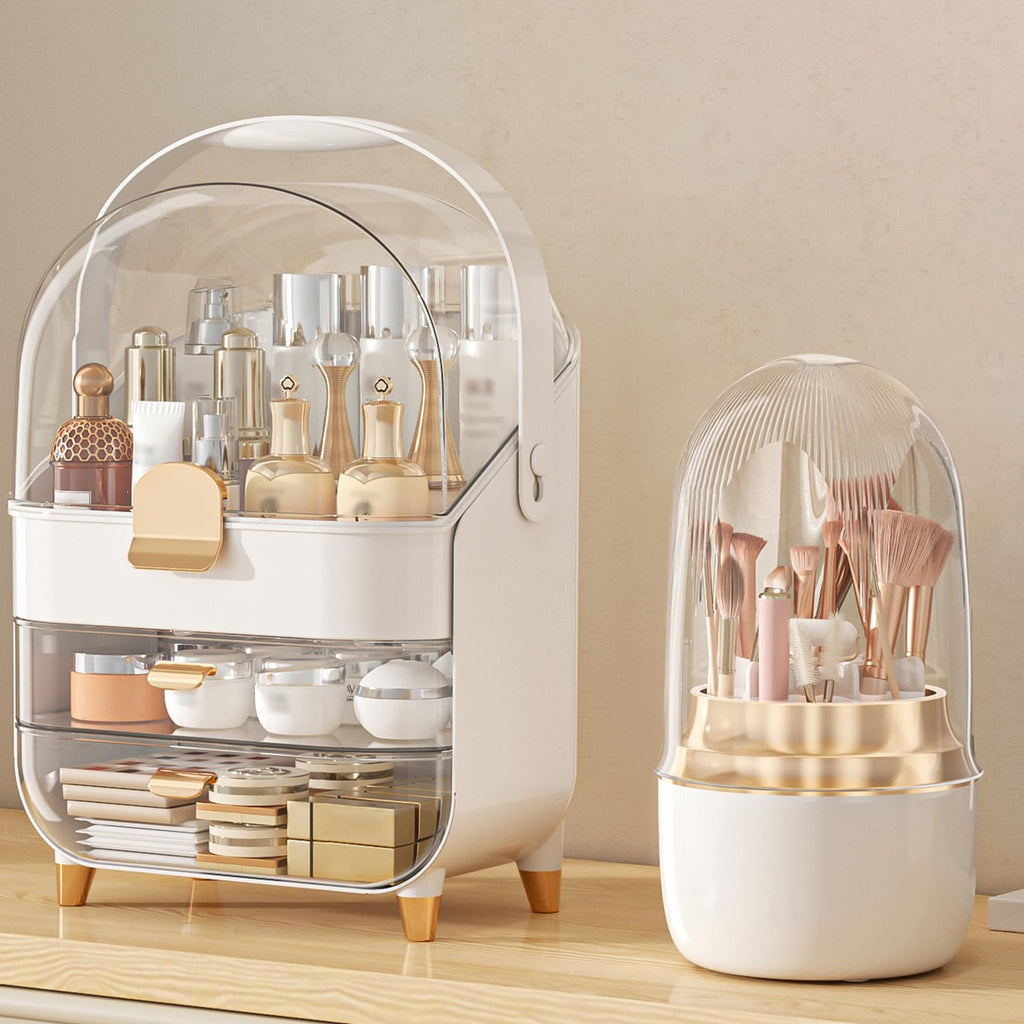 Makeup Organizer Countertop, Skincare Holder Bathroom Counter Organizer, Storage Box Cosmetic Display Cases, Teen Girl Gifts Make up Organizers (Pink/Brush)
