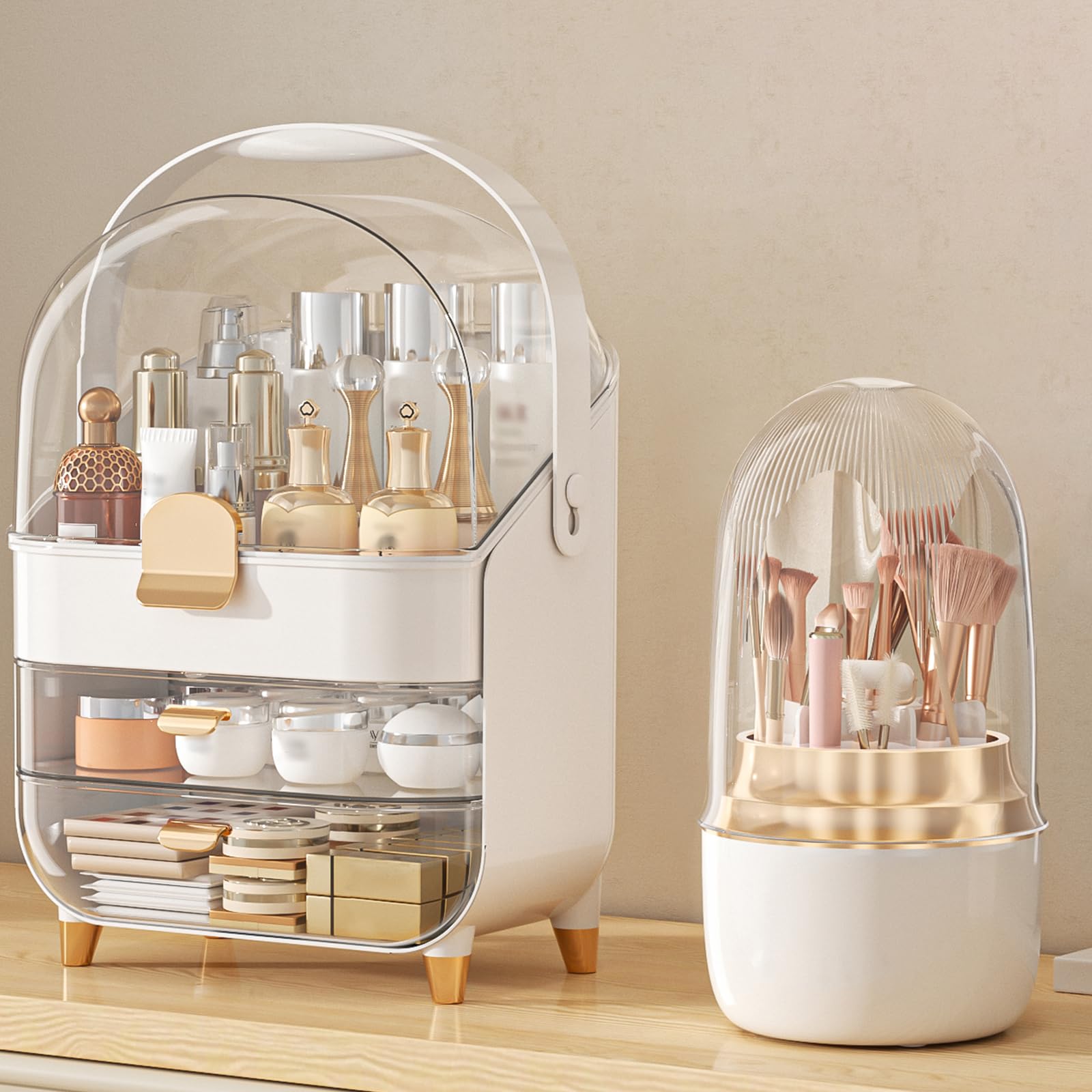 Makeup Organizer Countertop, Skincare Holder Bathroom Counter Organizer, Storage Box Cosmetic Display Cases, Teen Girl Gifts Make up Organizers (Pink/Brush)
