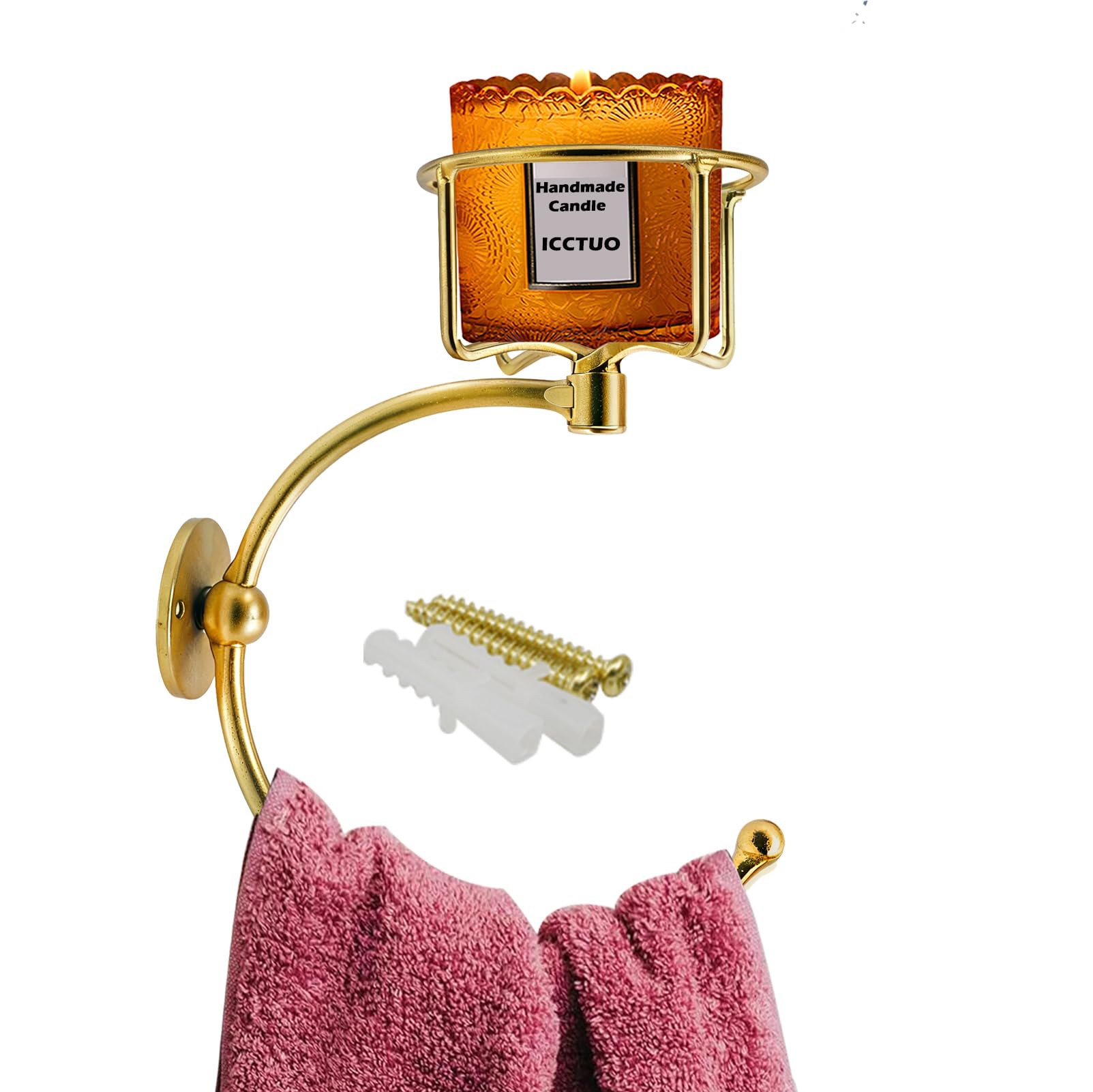 Hand Towel Holder with Vintage Candle Holder for Wall, Towel Hook for Bathroom Wall, Rustic Towel Ring with Elegent Candle Holder, Sturdy Wall Mounted Hanger for Bathroom