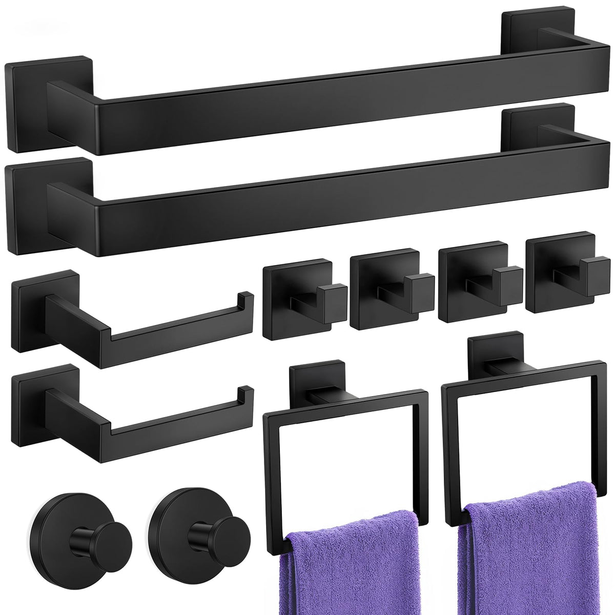 Bathroom Hardware Accessories Set: Bath Towel Bar Set, Towel Racks for Bathroom Wall Mounted, SUS304 Stainless Steel (Matte Black, 12-Pieces)