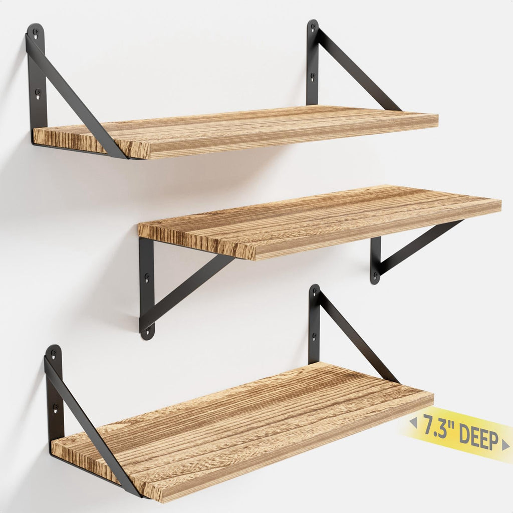 COCOYA Wall Shelves 7.3" Deep Solid Paulownia Wood (Black, Set of 2)