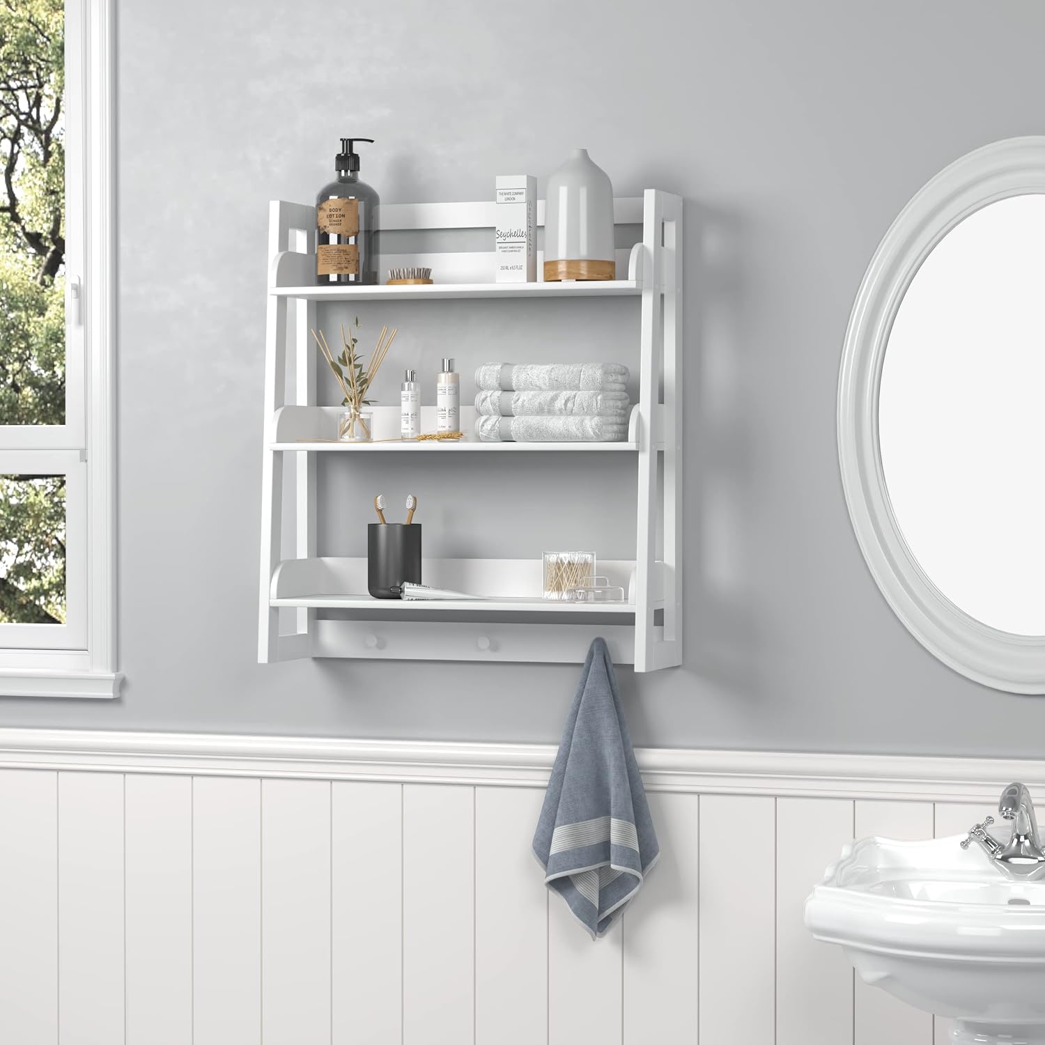 UTEX Bathroom Wall Shelf, 3-Tier Wall-Mounted Organizer with Hooks, White