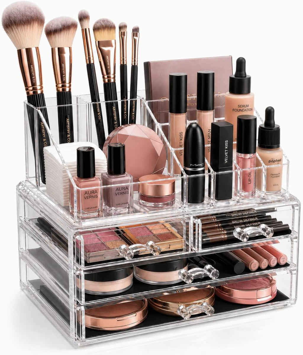 Brookstone Makeup Organizer Countertop, Cosmetic Display Case, Acrylic Makeup Storage for Vanity, Clear Make-up Organizer for Vanity, Accessories Holder with Drawers