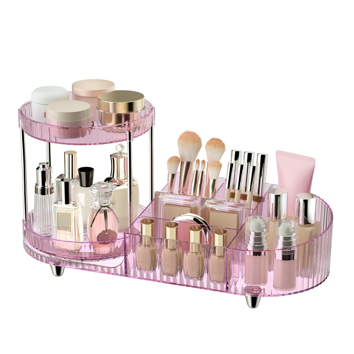 Makeup Organizer Countertop for Vanity, Rotating Perfume Tray with 5-compartment Cosmetic and Skincare Organizers, Multi-Purpose Desk Storage Makeup Brush Holder for Bathroom Bedroom Counter