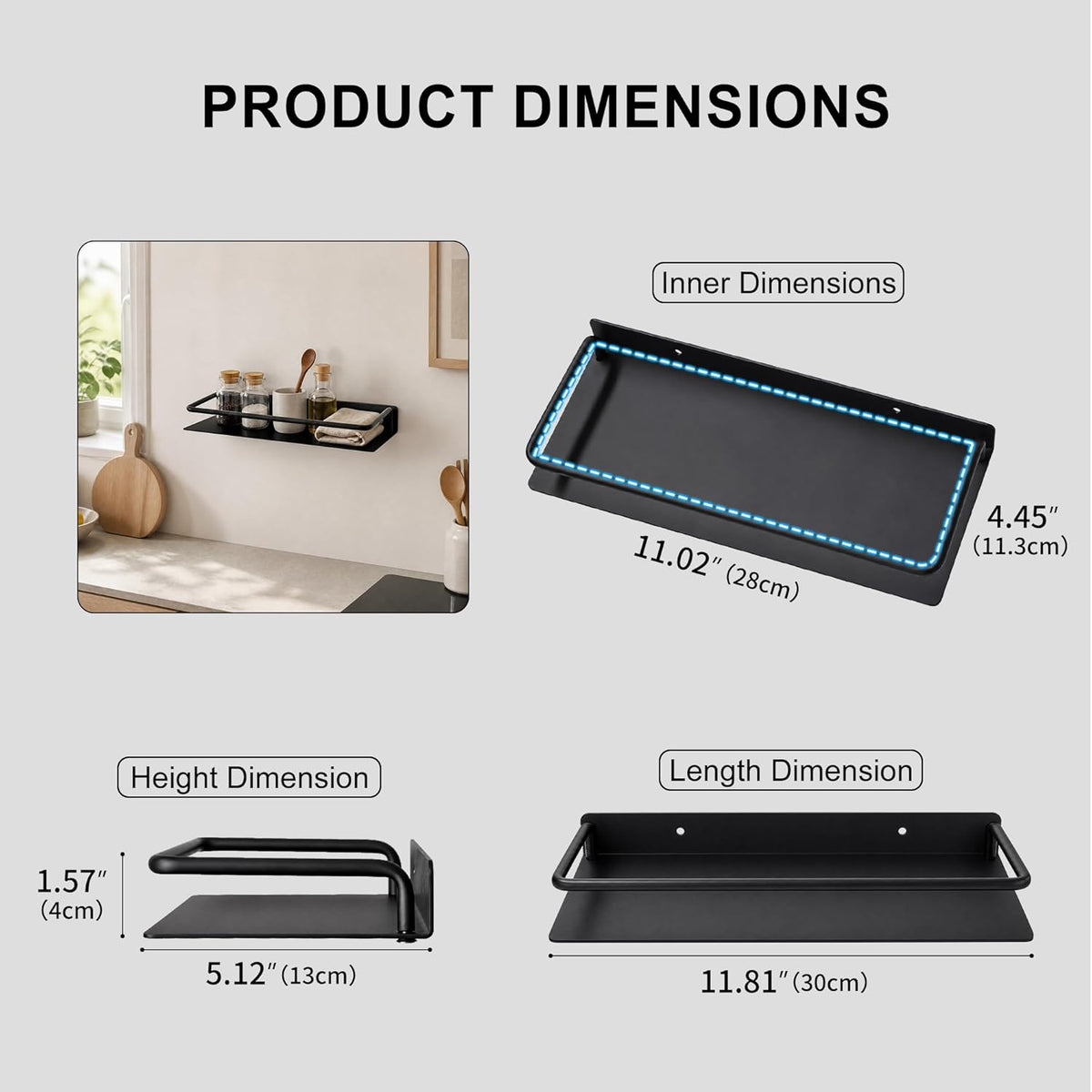 RFOUO 12 Inch Small Metal Wall Shelf with Guard Rail,Black,1 Pack