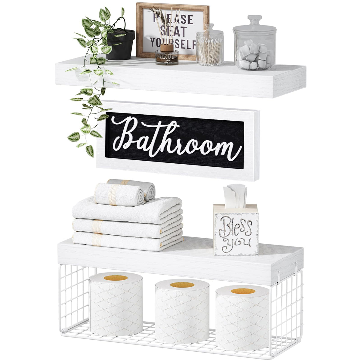 QEEIG ‎Bathroom Shelves with Decor Sign (Black, 15.7")