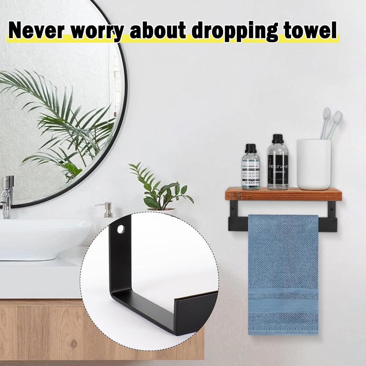 Hand Towel Holder/Towel Ring with Wooden Shelf, Hand Towel Rack, Hand Towel Hanger for Bathroom, Bath Accessories Wall Mounted, (Matte Black, 9"-Squ Shaped)